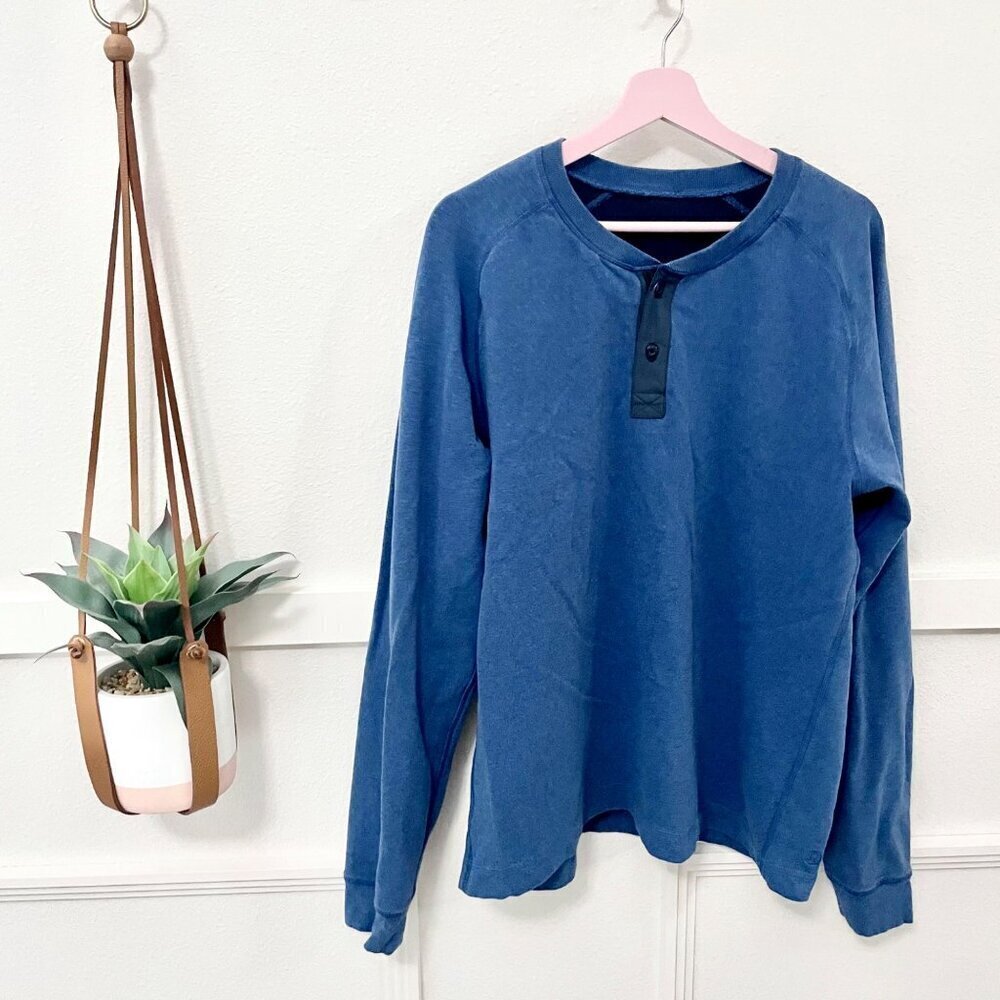 Lululemon Mens All Town Henley Long Sleeve Sweatshirt Rugged Blue Size XL